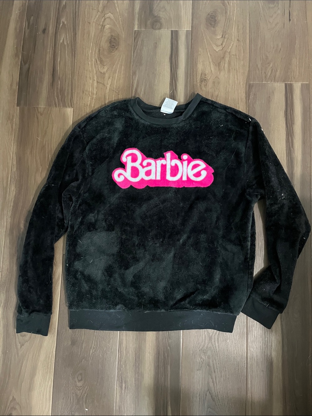 Barbie Black Plush Crewneck with Hot Pink Logo